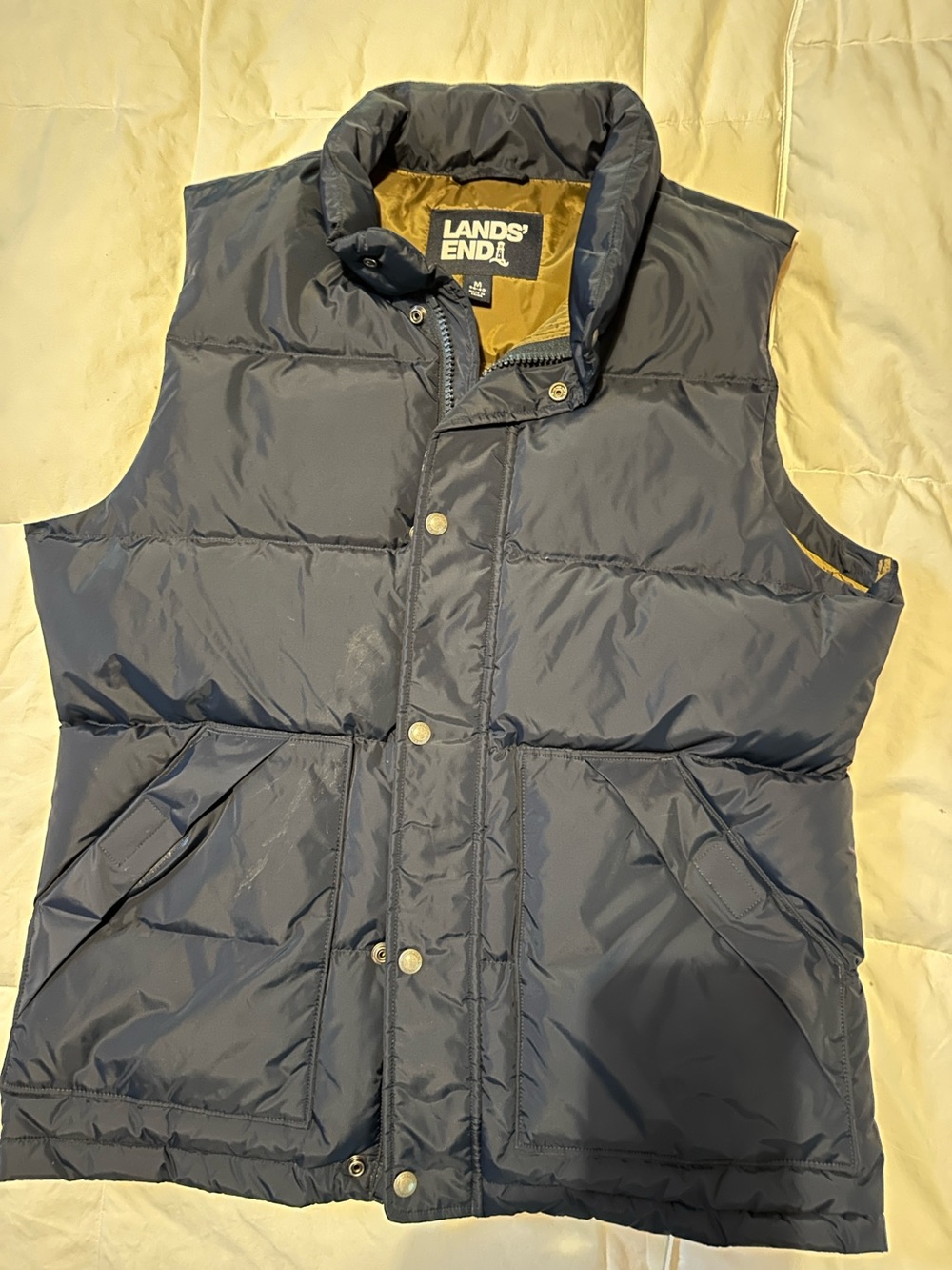 Lands' End Men's Quilted Puffer Vest in Navy with Gold Lining